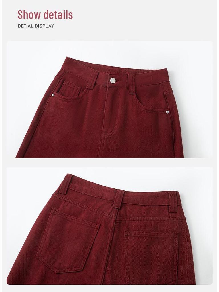 Ancola Red High-Waisted Floor-Length Wide-Leg Slimming Pants, 2025 Spring Women's Collection