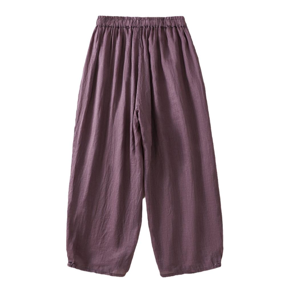 2025 summer new solid color cotton and linen double-layer nine-point casual pants women's Zen loose retro elastic waist buckle bloomers
