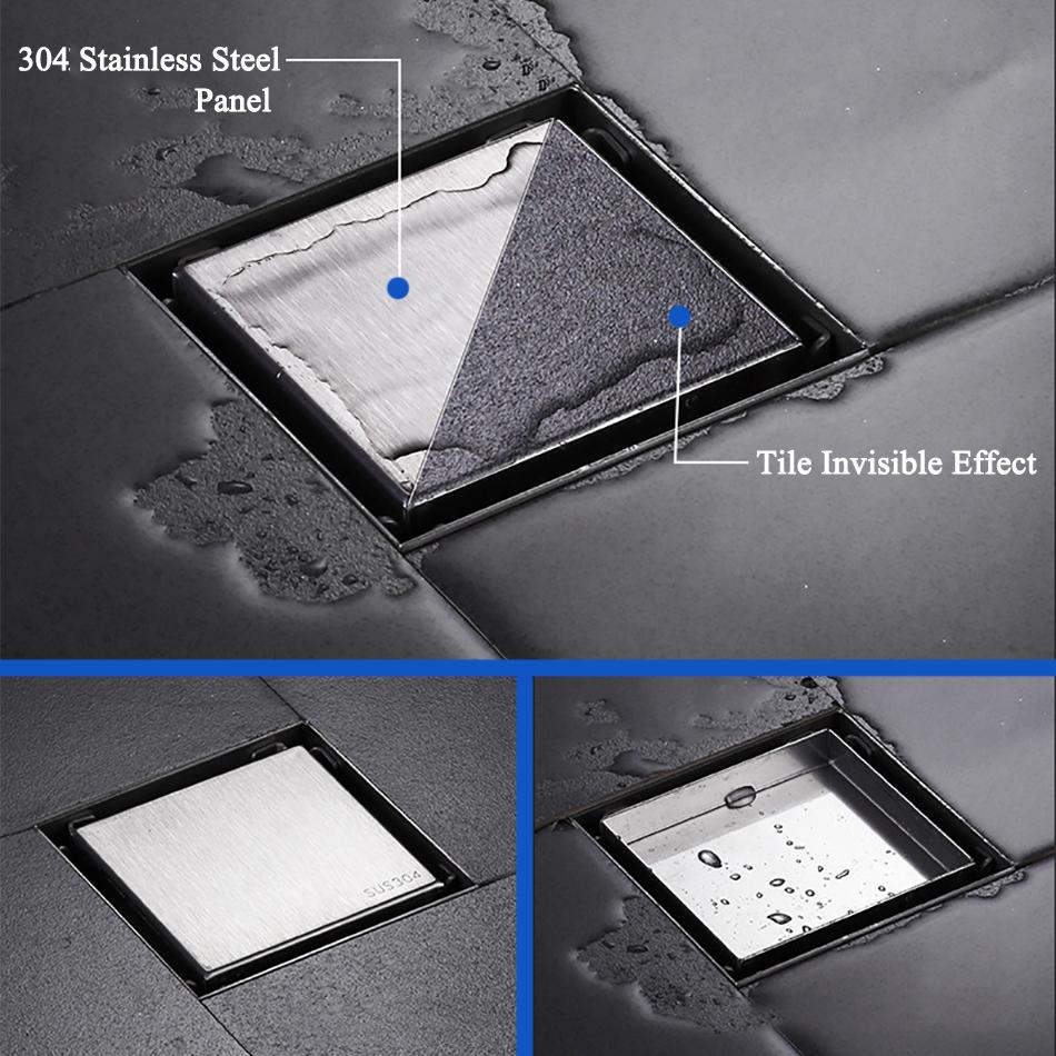 Invisible Floor Drain 304 Stainless Steel Black Brushed Bathroom Shower Drainage Square Waste Filter Floor Drains 10/11/12/15cm