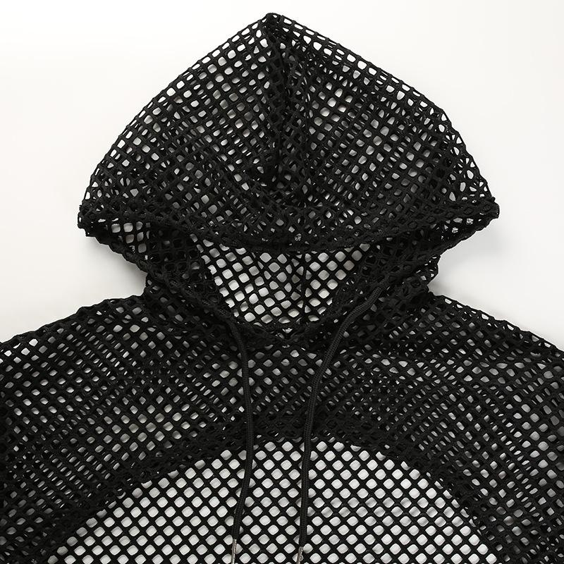Women's Fashion Sexy Mesh Hollow Out Short Hooded Mesh Smock