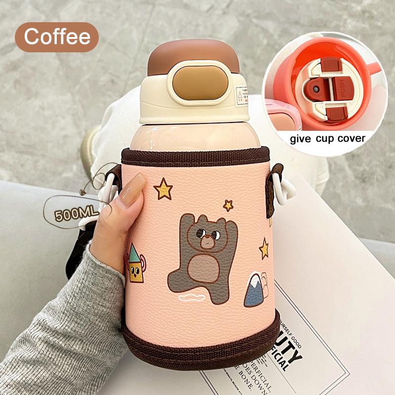 500ML Kids Thermos Bottle Stainless Steel Straw Cup With Case Cartoon Leak-Proof Vacuum Flasks Children Thermal Water Bottle