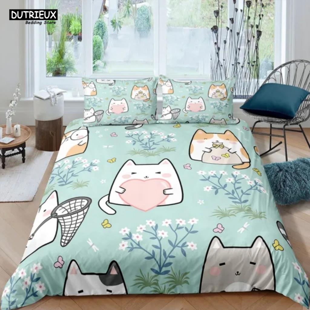 

Comforter Lovely Cartoon Cat Bedding Set 2/3Pcs Soft Polyester Queen King Full Size Kids Girls Comforter (quilt)-EU Single(135*200cm)3pcs