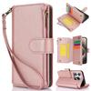 Applicable To iPhone16 Leather Case Samsung S25 Solid Color Multi-card Zipper Wallet Protective Case 15Pro Multi-function Oblique Span