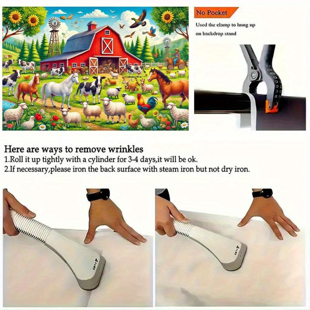 One large farm animal backdrop with a red barn, horses, sheep and chickens - 8x6 feet rural style party backdropDJH