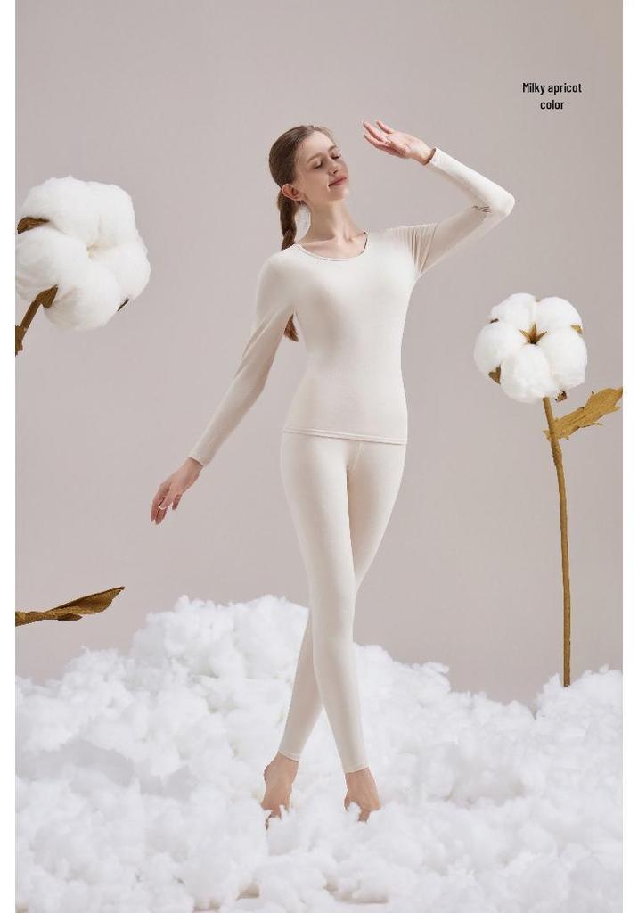 Women's Autumn Lambswool & Fleece Thermal Set: 460g Brushed Velvet Top & Bottoms for Cold Weather