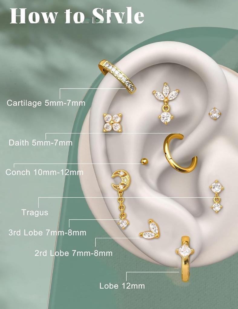Orecchini per Cartilagine Calibro 16 per Donna Dorso Piatto Ipoallergenici Acciaio Chirurgico 316L Orecchino a Perno Cerchio Set Impilabile Gioielli Piercing
