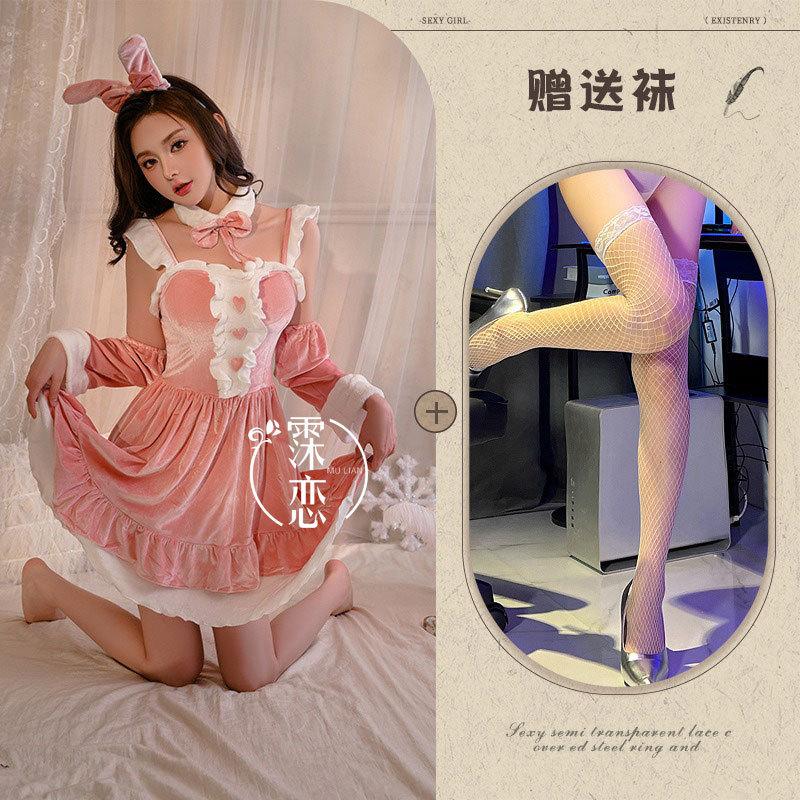 Sexy Underwear Velvet Christmas Cos Bunny Uniform Suspender Dress Women's Bed Nightgown Set
