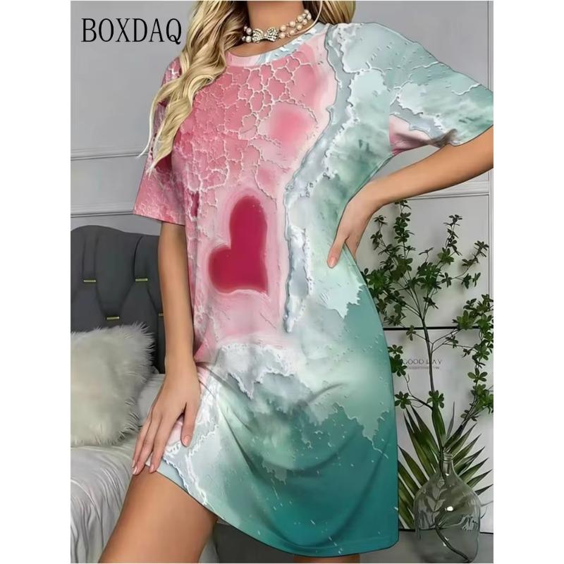 Summer Ladies Variegated 3D Printed Short Sleeve Dress
