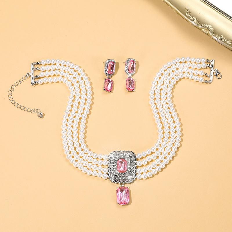 Multi-layer Bridal Anti-Pearl Earrings Necklace Geometric Crystal Full Diamond Necklace Set Choker Female