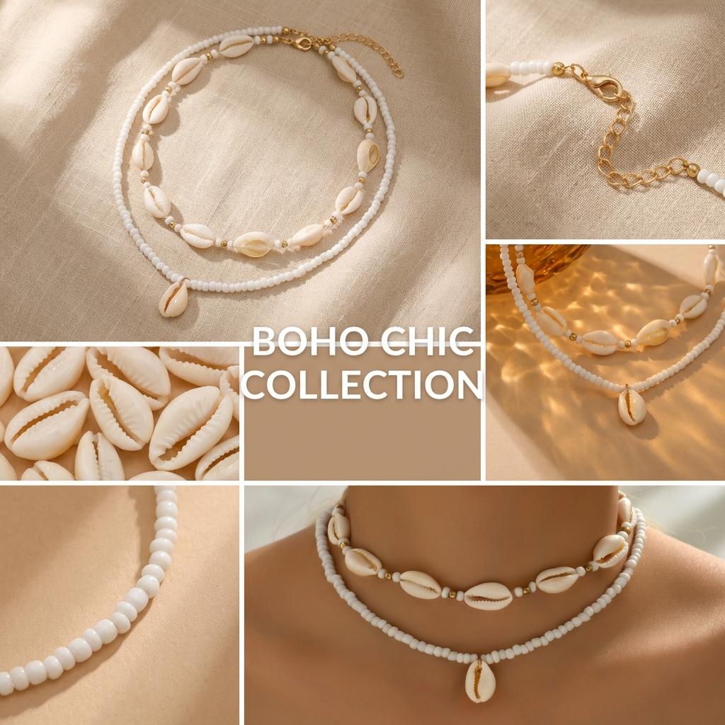 Collane Bohemien a Doppio Strato con Conchiglie per Donna Fatte a Mano con Perline Bianche Riso Collare Corto Choker Gioielli da Collo per Festa in Spiaggia