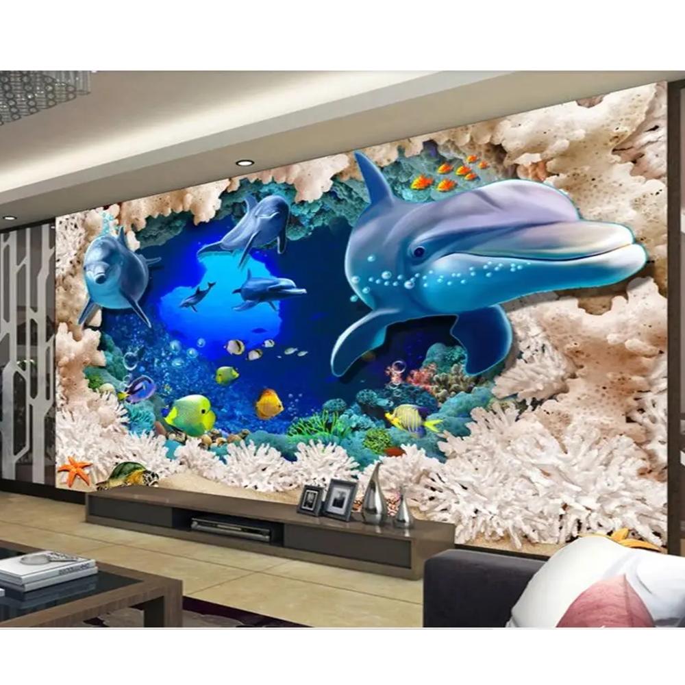 Ocean World Dolphin Beach Coral Background Room Home Decor 3d Wall Murals Wallpaper