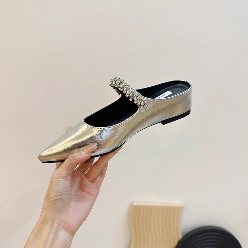 Stil celebritate Geanta Cap Jumătate Papuci Damă Strasuri Mici Pantofi din piele Sandale ~ Purtați Fără toc 5 cm Pantofi individuali