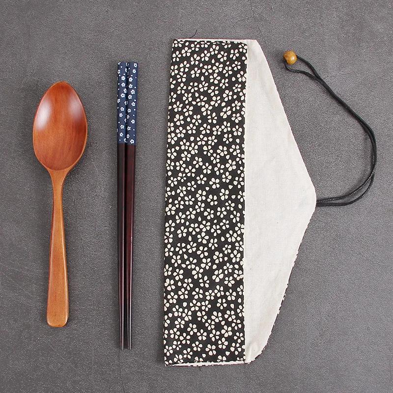 Japen Essstäbchen Geschirr Holzbesteck-Sets mit Löffel Gabel Stofftasche Umweltfreundlich Reisen Tragbar