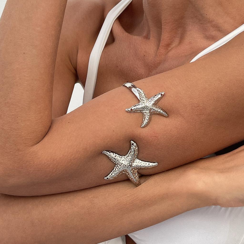 2025 Trendy Starfish Open Cuff Bangles Adjustable Armband Silver Gold Color Punk Flower Conch Geometric Upper Arm Bracelet for Women Beach Jewelry