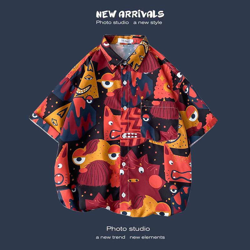 Letnia Koreańska Retro Kwiatowa Para Luźna Koszula z Krótkim Rękawem - Męski Modny Styl