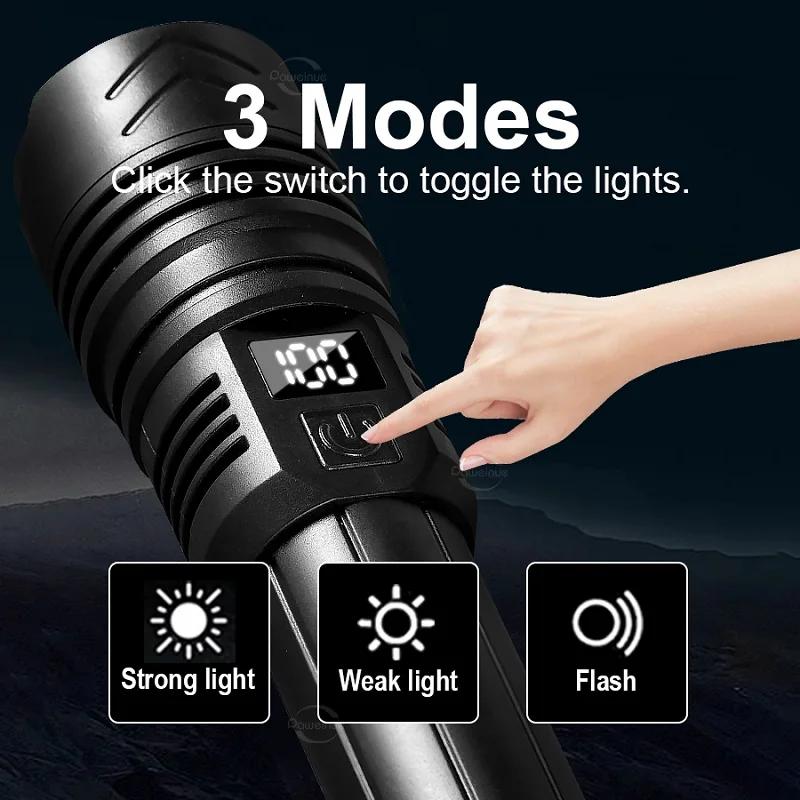 100000LM Powerful Led Flashlight Portable Type-C Rechargeable Tactical Torch Outdoor Waterproof Zoom Lantern for Camping Hiking