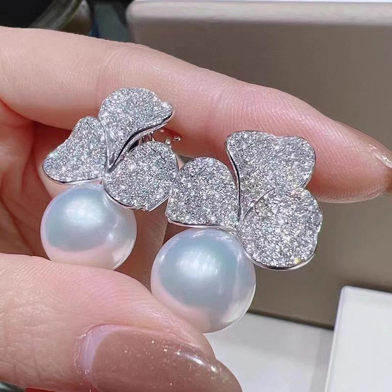 Three Leaf Clover Full Paved Zircon Imitation Pearl Stud Earrings