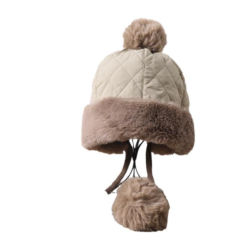 Mao Mao Hat Women's Autumn and Winter Down Fur Collar Warm Thickened Lei Feng Hat Three Hair Ball Bag Head Hat Outdoor Windproof Ear Protection