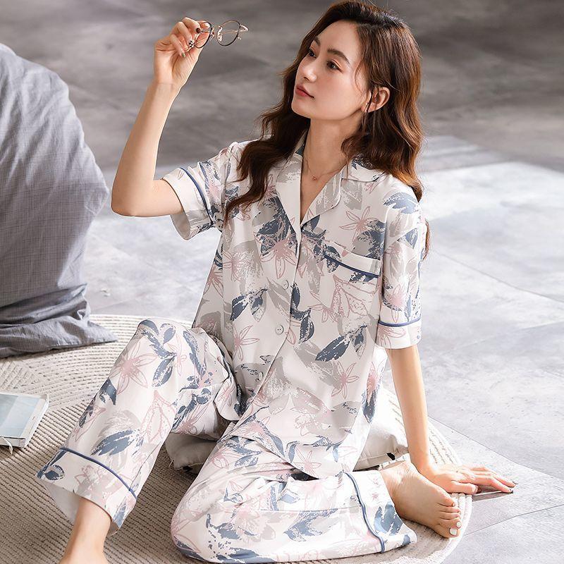 Pajamas Women's Summer Cotton Short Sleeves Trousers Loungewear Thin Middle-aged Mom Loose Plus Size Set