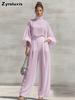 Fashion Chic Sheer Chiffon Set Solid Stand Collar Bubble Sleeve + High Waist Wide Leg Pants Two Piece Outfit