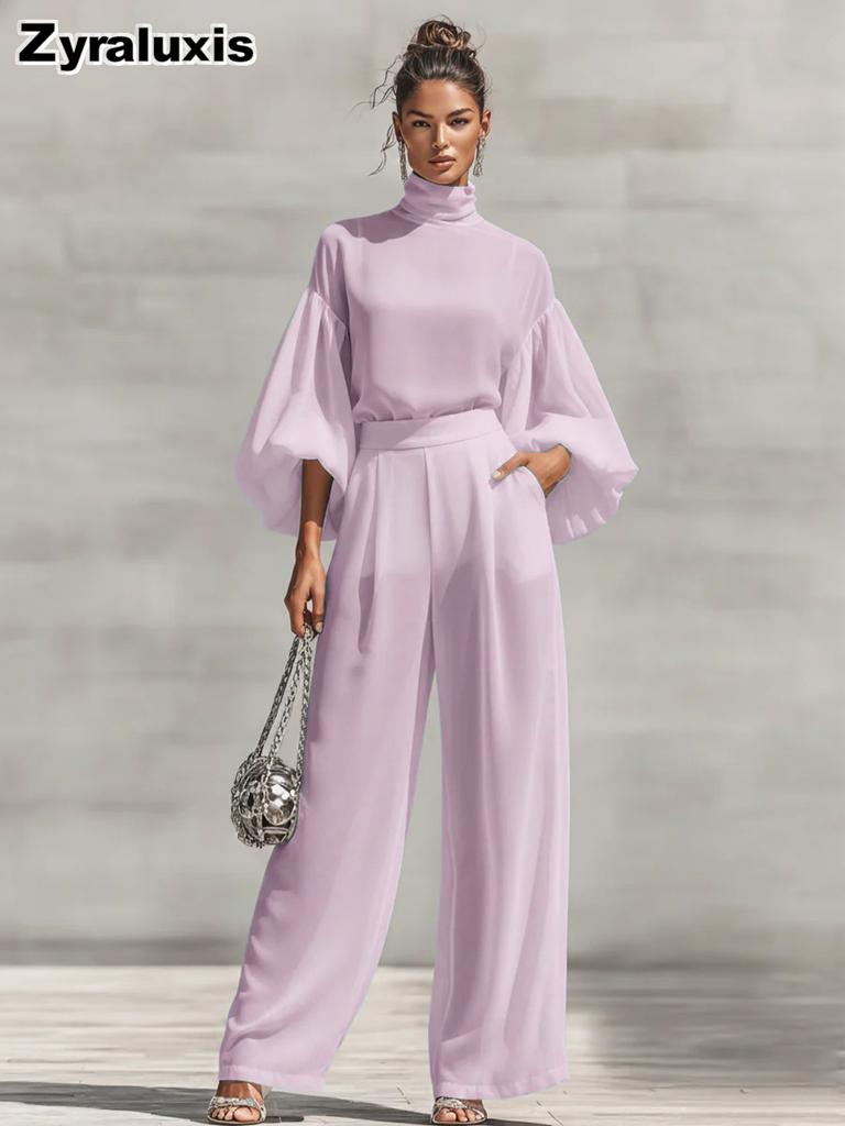 Fashion Chic Sheer Chiffon Set Solid Stand Collar Bubble Sleeve + High Waist Wide Leg Pants Two Piece Outfit