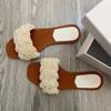 Fashion Luxury White String Bead Women Slippers Fashion Pearl Weaving Designer Flat Slippers 2025 Summer Comfortable Beach Slide Sandals