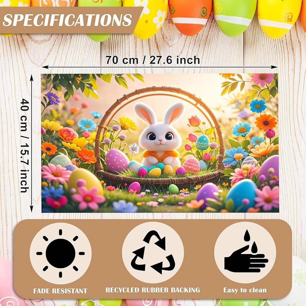 Cute Cartoon Easter Bunny Egg Tulips Area Rug - Non-Slip Washable Foldable Spring Floor Mat for Home, Kitchen, Easter Decoration