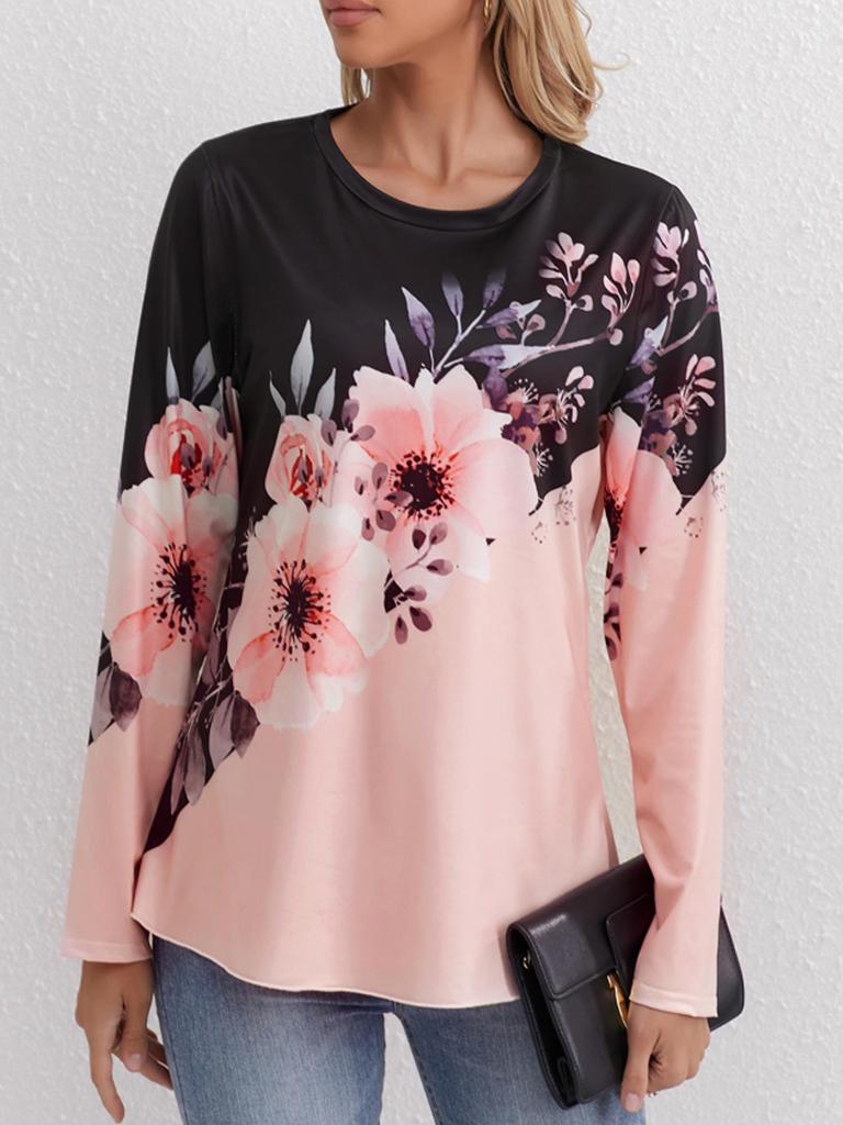 2024 Women's Floral Print Crew Neck Long Sleeve Casual Autumn T-shirt