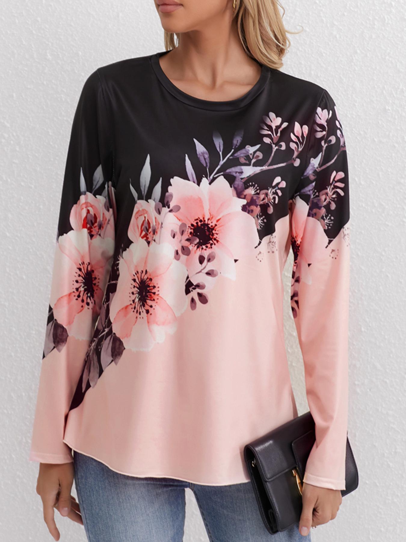 

Женская повседневная футболка с цветочным принтом, круглым вырезом и длинными рукавами, на осень 2024 года M розовый