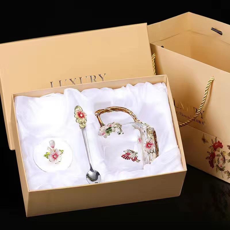 Heat-Resistant Enamel Flower Tea Cup, Creative Painted Crystal Glass Coffee Cup with Handle