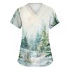 Women's V-Neck Scrub Top with Christmas Print Short Sleeve Pocket Side Slit Caregiver Uniform