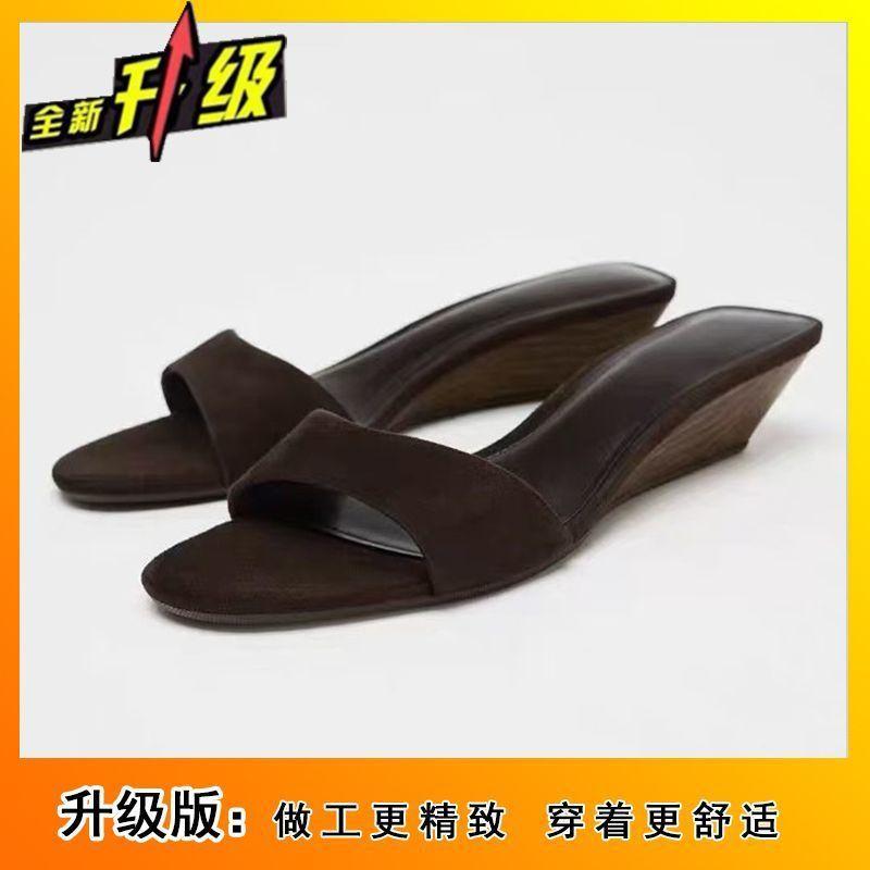 

Wedge heel wear wind one word cool slippers women s summer thick heel sandals one pedal holiday season thin versatile beach 40 коричневий