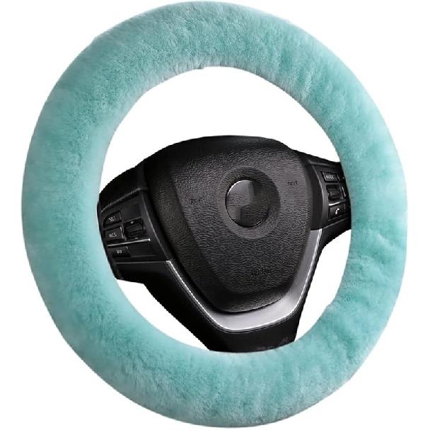 Fluffy Wool Sheepskin Fuzzy Black Car Steering Wheel Cover For Universal Auto Steering Wheel 14 1/2-15 1/2Inch, Anti-Slip, Soft Plush, Comforting And
