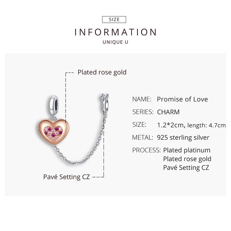 Bamoer 925 Sterling Silver Shine Pink Zircon Rose Gold Heart-shape Charm Pendant Fit Original 3mm Bracelet DIY Jewelry