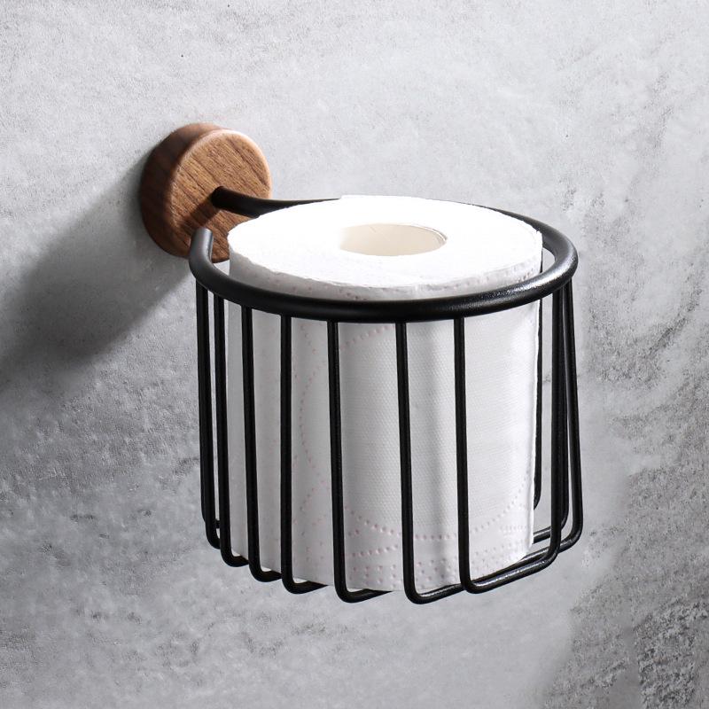 Toilet Paper Holder with Natural Walnut Wooden Shelf Tissue Roll Hanger Wall Mounted Paper Towel Bar Toilet Paper Roll Holder