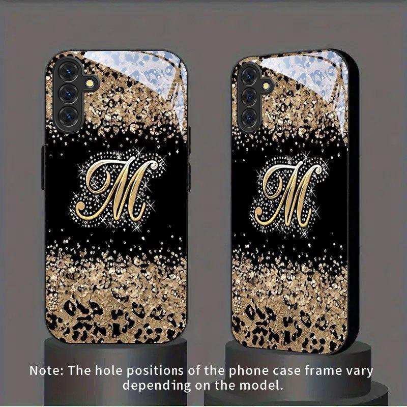 Funkelnde Leopardenmuster-Buchstaben-M-Glas-Handyhülle geeignet für Samsung Galaxy S26 S25 S24 S22 S21 S20 FE Ultra Plus sturzsicher