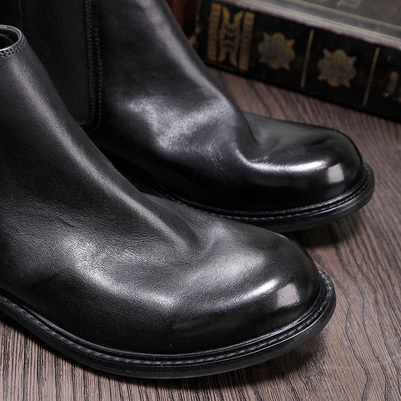 British Style Chelsea Boots Men'S Platform Cowhide Leather Shoes High Top One Pedal Big Head Short Boots Round Head Leather Breathable