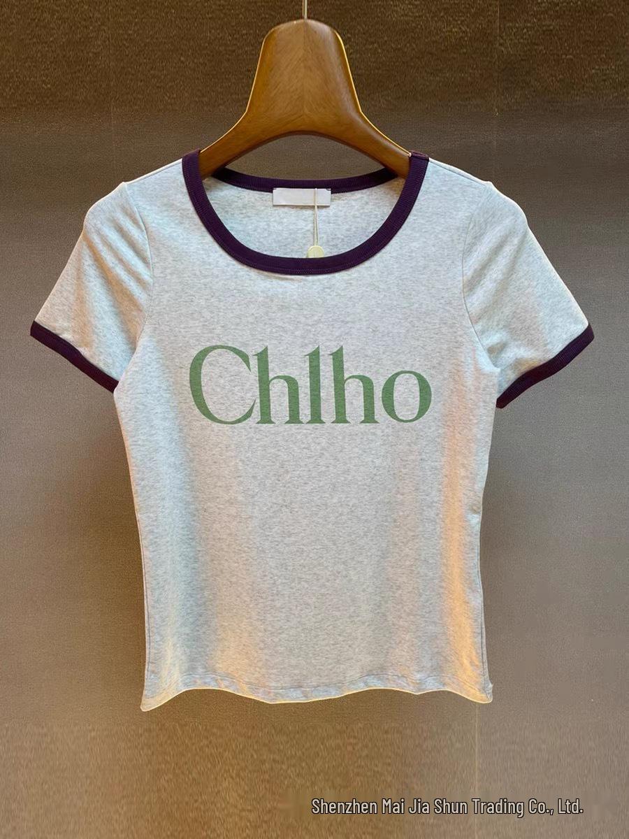 Trendy 2026 Spring Casual Color Block Cotton Letter T-Shirt Small серый