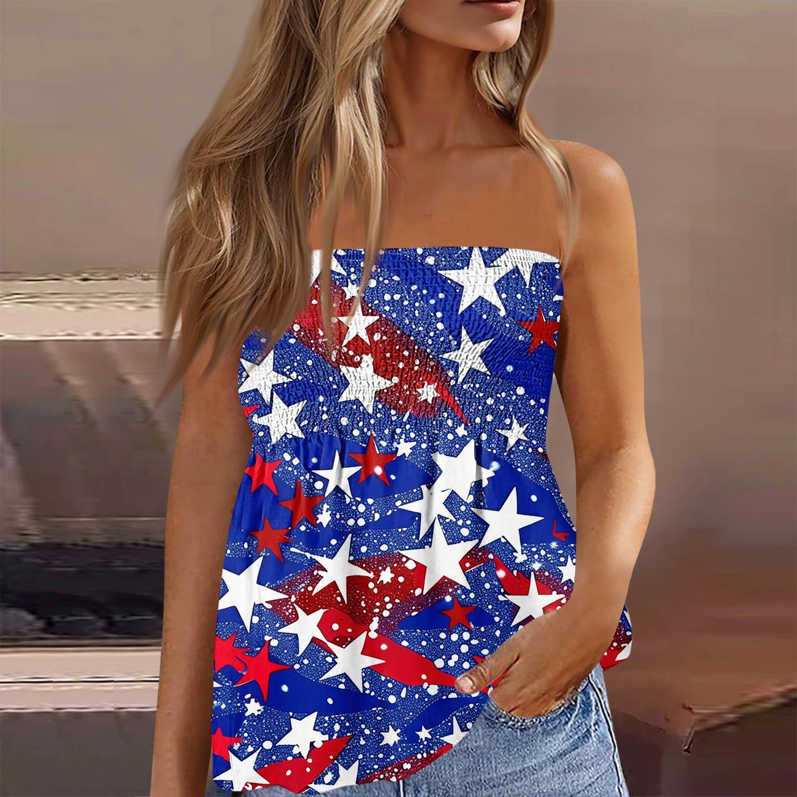 

Летние топы-трубы для женщин, милая сексуальная футболка без рукавов с принтом на открытых плечах M синий