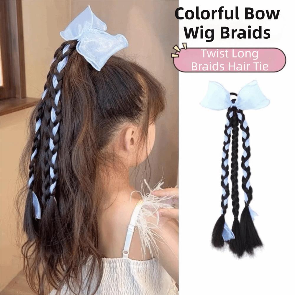 

Sweet Colorful Bow Wig Braids Rubber Band Twist Long Braids Hair Tie Hair Rings Ponytail Kids синий