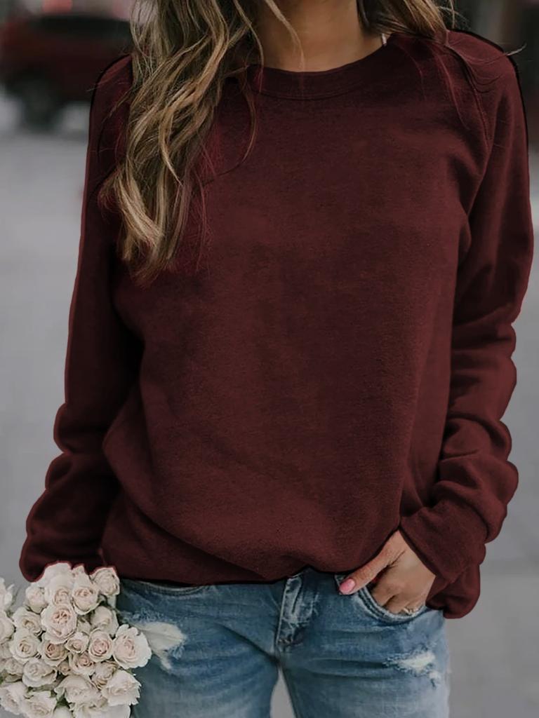 Women's Crew Neck Long Sleeve Cotton Blend Top Loose Fit Casual Style Solid Color Sweatshirt Tee
