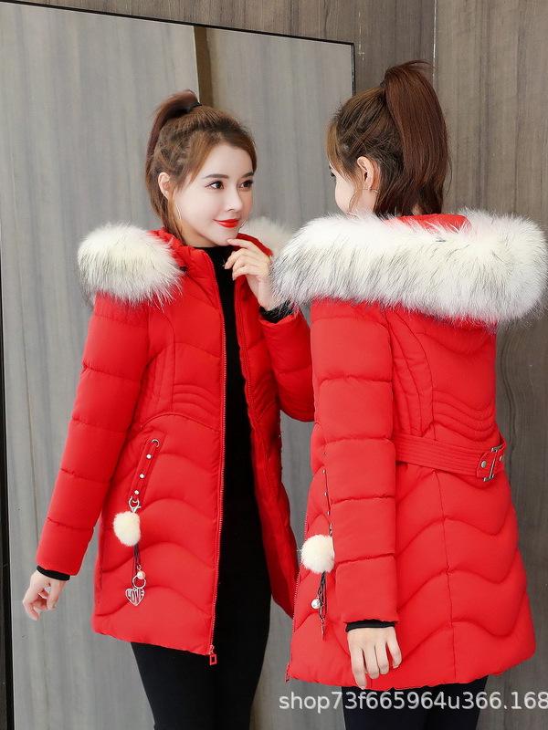 

2025 Winter Women s Slim Mid-Length Cotton Jacket with Thick Down and Large Fur Collar 2XL