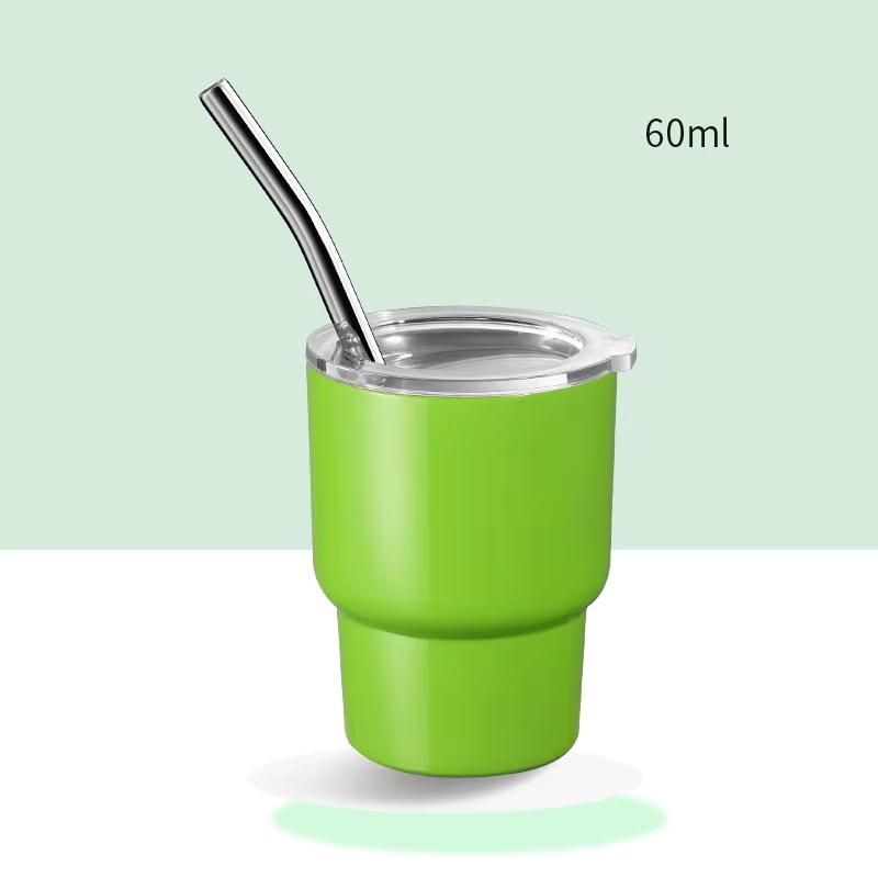 

1 шт. Мини-стакан на 2 унции с соломинкой и крышкой из нержавеющей стали, симпатичные стаканы с двойными стенками и вакуумной изоляцией, стаканы 51-100ml светло-зеленый