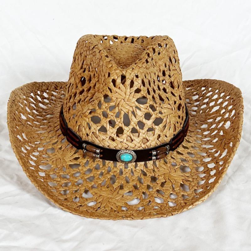 Ethnic Style Western Cowboy Straw Hats Women Handmade Hollowed Sun Hats Shapeable Beach Hat Panama with Detachable Chin Strap