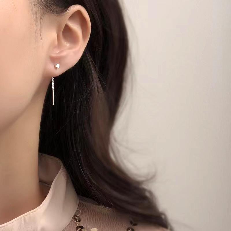 S999 Pure Silver Geometric Square Thread Earrings for Women – Sleep-Friendly and Trendy
