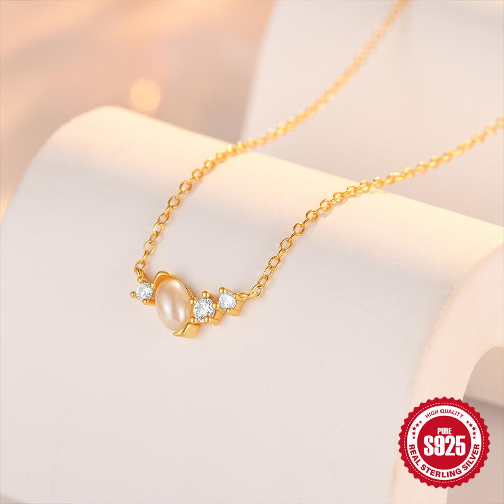 Simple Versatile S925 Sterling Silver Geometric Pearl Diamond Temperament Women'S Clavicle Necklace