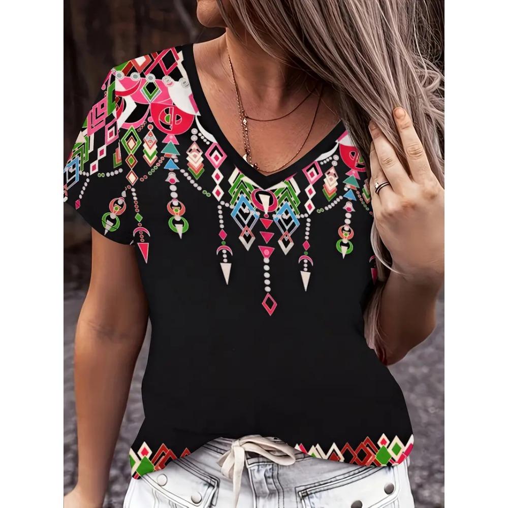 Fashion Women's V-neck T-shirt Summer Outdoor Street Trend Short-sleeved Blouse Floral Print Pattern Loose Clothing