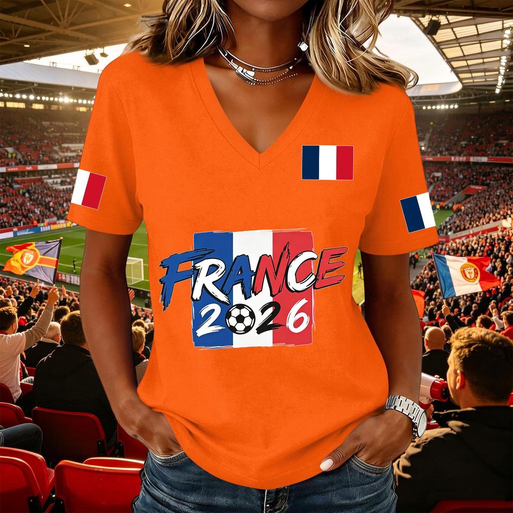 Women's Casual V Neck Pullover Top Short Sleeve Soccer Fan Shirt National Flag Print Support Tee for Outdoor Activities