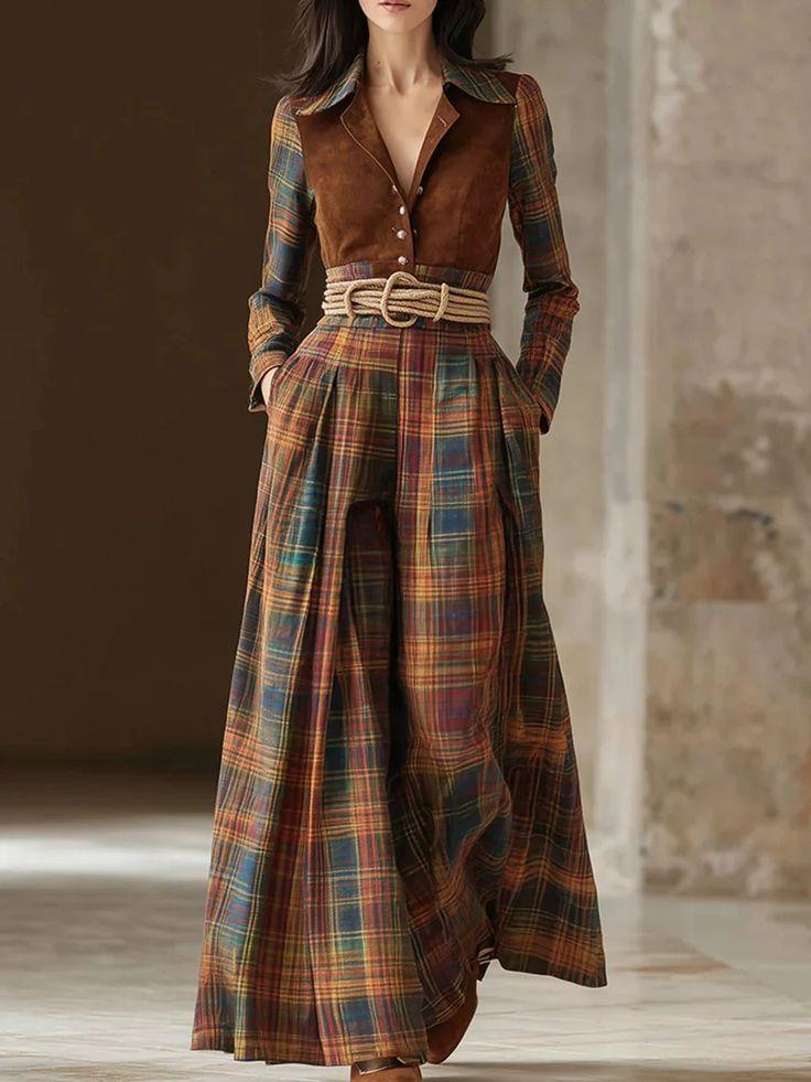 Retro leather velvet plaid dress with