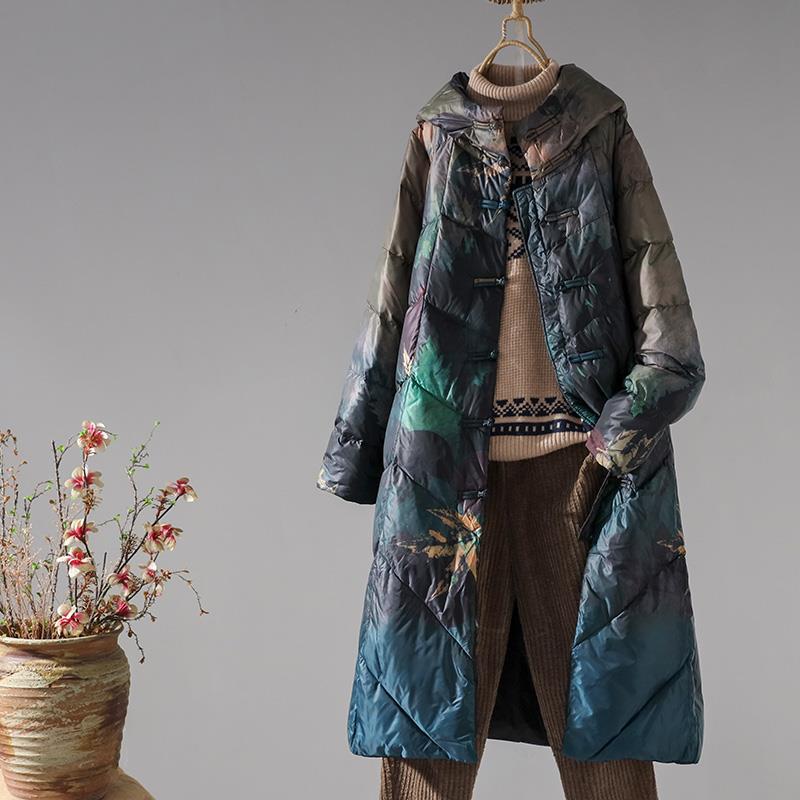 Überknie Kapuze Druck Retro Ethno Stil Mittel und Lang Schnalle Weiße Entendaunenjacke Damen Winter Verdickt Mantel